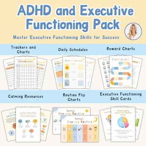 May include: ADHD and Executive Functioning Pack with trackers, charts, daily schedules, and reward charts. Includes calming resources, routine flip charts, and executive functioning skill cards. The text on the image says "Master Executive Functioning Skills for Success."