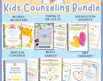 May include: A collection of colourful printable workbooks for children, designed to help with common childhood challenges. The workbooks cover topics such as worry monsters, impulse control, body safety, think it or say it, separation anxiety, and art therapy. Each workbook features a unique design and engaging activities.