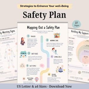 以下が含まれることがあります： Strategies to Enhance Your Well-Being、Early Warning Signs、Mapping Out a Safety Plan、Building My Support Networkというタイトルのセクションを含む、27ページのデジタル安全計画ドキュメント。図、テキスト、イラストが記載されています。