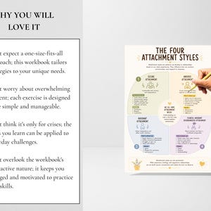 May include: A white educational chart titled The Four Attachment Styles, divided into four colored quadrants representing secure, anxious, avoidant, and fearful-avoidant styles, with text detailing characteristics and needs, alongside a list of benefits.
