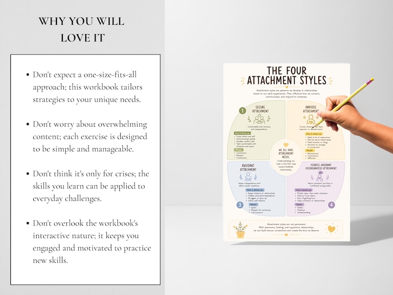 May include: A white educational chart titled The Four Attachment Styles, divided into four colored quadrants representing secure, anxious, avoidant, and fearful-avoidant styles, with text detailing characteristics and needs, alongside a list of benefits.