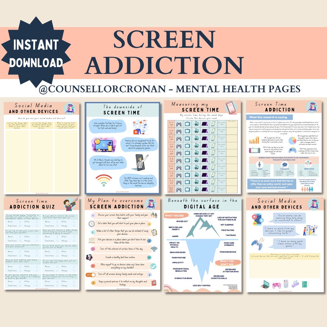 Screen Time Addiction Worksheets Kids Therapy Child Etsy Screen time addiction worksheets kids therapy child etsy