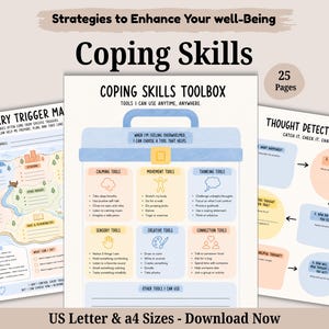 May include: A 25-page digital printable set titled Strategies to Enhance Your Well-Being, featuring a Coping Skills Toolbox, a Worry Trigger Map, and a Thought Detective Map. The pages use pastel colours and include text prompts for mental health.