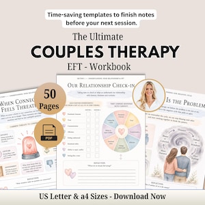 May include: A 50-page digital PDF couples therapy EFT workbook featuring US Letter and A4 size templates. The pages include text titled The Ultimate COUPLES THERAPY, Our Relationship Check-in, and illustrations of a couple and a siren.