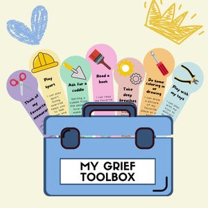 May include: A blue toolbox with the text "MY GRIEF TOOLBOX" on the front.  The toolbox has a variety of colorful tabs with images and text on them.  The tabs include: "Think of my favorite memories", "Play sport", "Ask for a cuddle", "Read a book", "Take deep breaths", "Do some coloring in or drawing", and "Play with my toys".