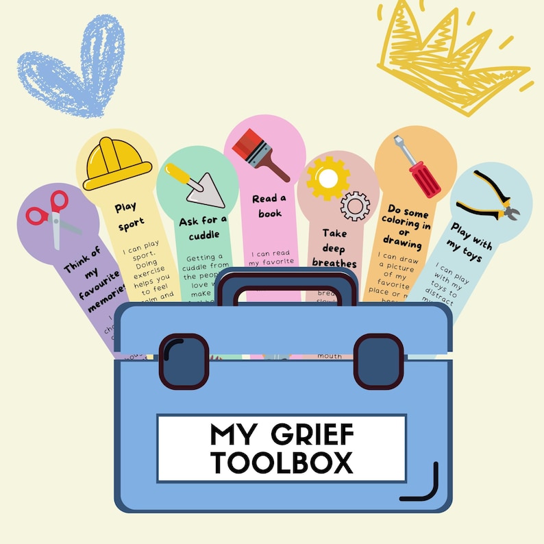 May include: A blue toolbox with the text "MY GRIEF TOOLBOX" on the front.  The toolbox has a variety of colorful tabs with images and text on them.  The tabs include: "Think of my favorite memories", "Play sport", "Ask for a cuddle", "Read a book", "Take deep breaths", "Do some coloring in or drawing", and "Play with my toys".