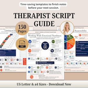 Pode incluir: Um guia de scripts para terapeutas com 150 páginas de modelos para notas clínicas. O documento inclui seções sobre ativação comportamental, entorpecimento emocional e responsabilidade, com um retrato circular e um ícone de PDF.