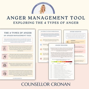 Puede incluir: Una herramienta de gestión de la ira imprimible con cuatro tipos de ira: pasiva, asertiva, agresiva y crónica. La herramienta incluye pasos para encontrar la paz interior y un acrónimo para la ira.