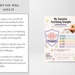 May include: A My Executive Functioning Strengths self-reflection worksheet featuring a cartoon brain inside a shield, star rating scales for skills like following directions and managing feelings, and a section to colour in your strongest skills.
