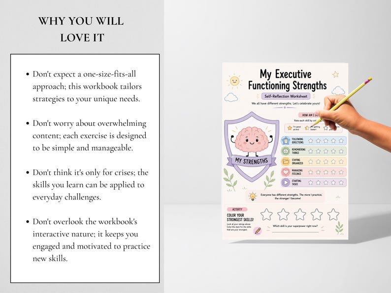 May include: A My Executive Functioning Strengths self-reflection worksheet featuring a cartoon brain inside a shield, star rating scales for skills like following directions and managing feelings, and a section to colour in your strongest skills.