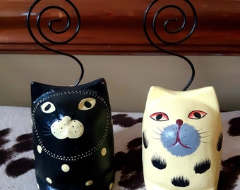 Pair Of Wooden Hand Painted Cats Card Holders