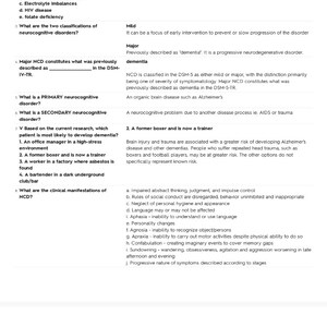 Może przedstawiać: Strona z przewodnika do nauki Quizlet dla kursu pielęgniarskiego, dotycząca zaburzeń neurokognitywnych, w tym choroby Alzheimera. Tekst zawiera pytania, odpowiedzi i definicje związane z tematem.