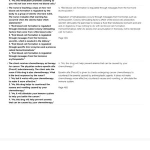 May include: A page from a study guide with multiple choice questions about red blood cell formation and regulation. The questions are related to the use of medications such as epoetin alfa (Epogen) and filgrastim (Neupogen).