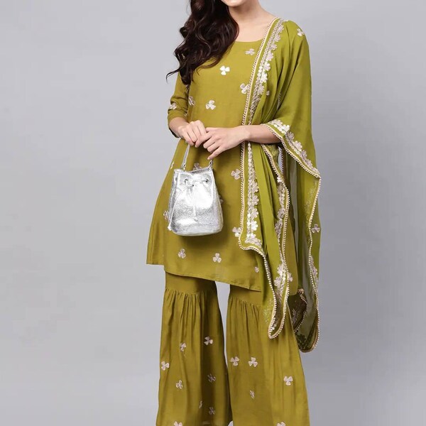 Green embroided kurta with sharara & dupatta indian dress party wear Bollywood size L
