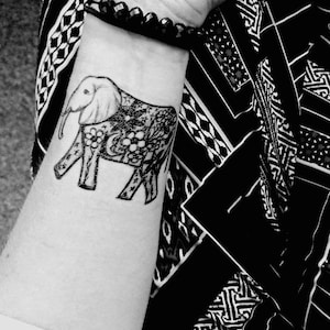 Elephant with flowers Temporary tattoo - Set of two - hand drawn unique designs from EU
