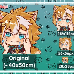 Peut inclure: Illustration num&eacute;rique d'un personnage de dessin anim&eacute; aux cheveux blonds et aux oreilles de renard, portant une tenue bleue et dor&eacute;e. Le personnage pleure avec des larmes qui coulent sur son visage. L'image est entour&eacute;e d'un motif de petits chats et d'&eacute;toiles.