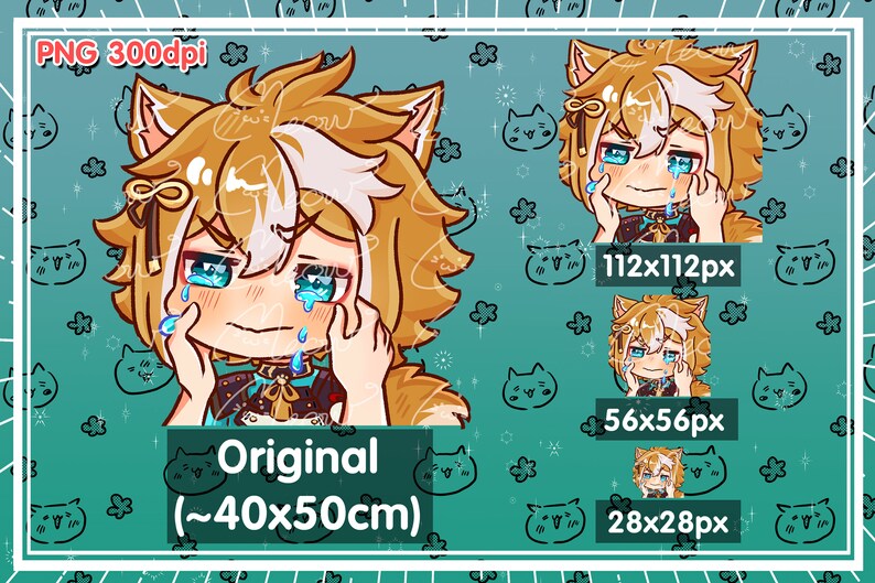 Peut inclure: Illustration num&eacute;rique d'un personnage de dessin anim&eacute; aux cheveux blonds et aux oreilles de renard, portant une tenue bleue et dor&eacute;e. Le personnage pleure avec des larmes qui coulent sur son visage. L'image est entour&eacute;e d'un motif de petits chats et d'&eacute;toiles.