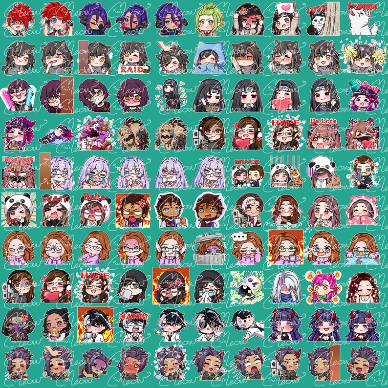Peut inclure: Une collection de 100 autocollants num&eacute;riques color&eacute;s repr&eacute;sentant divers personnages avec diff&eacute;rentes expressions. Les autocollants sont dispos&eacute;s en grille sur un fond bleu sarcelle.