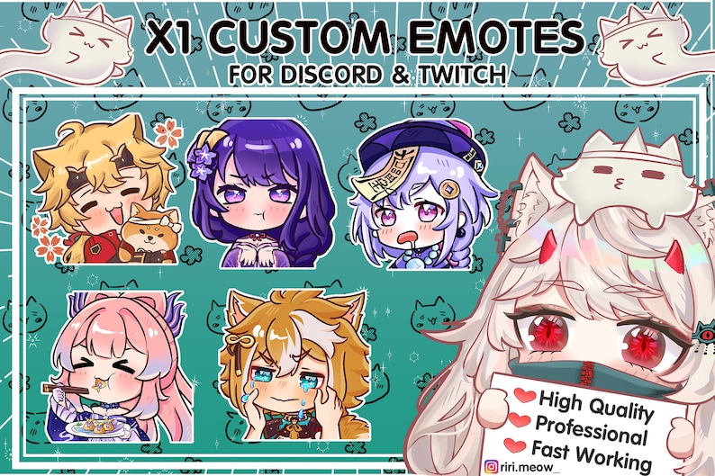 Peut inclure: Un ensemble de quatre &eacute;mojis personnalis&eacute;s pour Discord et Twitch. Les &eacute;mojis pr&eacute;sentent des personnages de style anime avec diff&eacute;rentes expressions. Le texte "X1 CUSTOM EMOTES FOR DISCORD & TWITCH" est en haut de l'image. Le texte "High Quality Professional Fast Working" est en bas de l'image. Le texte "riri.meow_" est en bas de l'image.