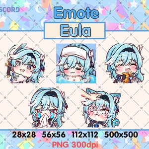 May include: A set of four digital illustrations featuring a cartoon character with blue hair. The character is shown in different poses and expressions, including smiling, eating, crying, and being petted. The illustrations are labeled with different sizes, including 28x28, 56x56, 112x112, and 500x500 pixels. The text "Emote Eula" is displayed at the top of the image.