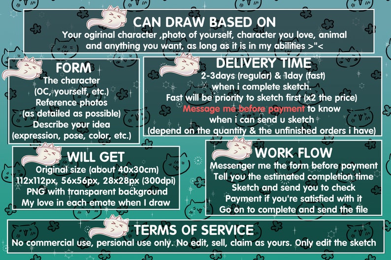 Peut inclure: Un graphique vert sarcelle et blanc avec le texte "CAN DRAW BASED ON" et "Your original character, photo of yourself, character you love, animal and anything you want, as long as it is in my abilities >"<"  en rose. Le graphique est divis&eacute; en quatre sections : "FORM", "DELIVERY TIME", "WILL GET", et "WORK FLOW". Chaque section a un dessin anim&eacute; de chat rose avec une bulle de dialogue. Le graphique comprend &eacute;galement une section intitul&eacute;e "TERMS OF SERVICE" avec le texte "No commercial use, personal use only. No edit, sell, claim as yours. Only edit the sketch."