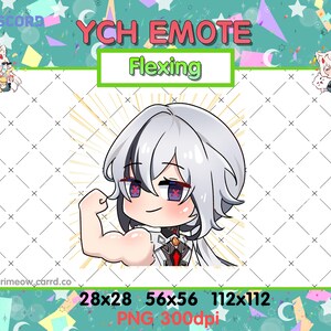 May include: Digital art of a flexing anime-style character with white hair and purple eyes. The image is labeled "YCH EMOTE Flexing" and includes sizes 28x28, 56x56, and 112x112. The background is teal with confetti and stars.