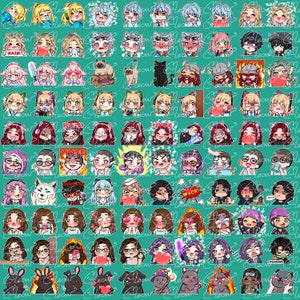 Peut inclure: Une collection de 100 autocollants num&eacute;riques color&eacute;s repr&eacute;sentant divers personnages et expressions. Les autocollants sont sur un fond turquoise et comprennent des personnages avec diff&eacute;rentes coiffures, v&ecirc;tements et accessoires. Certains autocollants pr&eacute;sentent du texte comme "RAID", "HYPER", "Delete This", et "WACKI!"