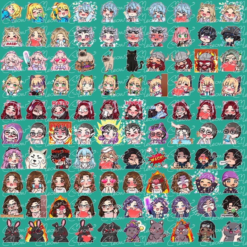 Peut inclure: Une collection de 100 autocollants num&eacute;riques color&eacute;s repr&eacute;sentant divers personnages et expressions. Les autocollants sont sur un fond turquoise et comprennent des personnages avec diff&eacute;rentes coiffures, v&ecirc;tements et accessoires. Certains autocollants pr&eacute;sentent du texte comme "RAID", "HYPER", "Delete This", et "WACKI!"