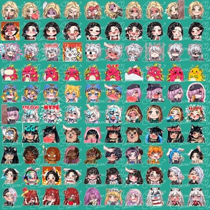 Peut inclure: Une collection de 100 autocollants num&eacute;riques color&eacute;s repr&eacute;sentant divers personnages et expressions. Les autocollants sont dispos&eacute;s en grille sur un fond turquoise. Certains autocollants incluent du texte tel que "Meow", "Hype", "GG", "Raid" et "Hello".