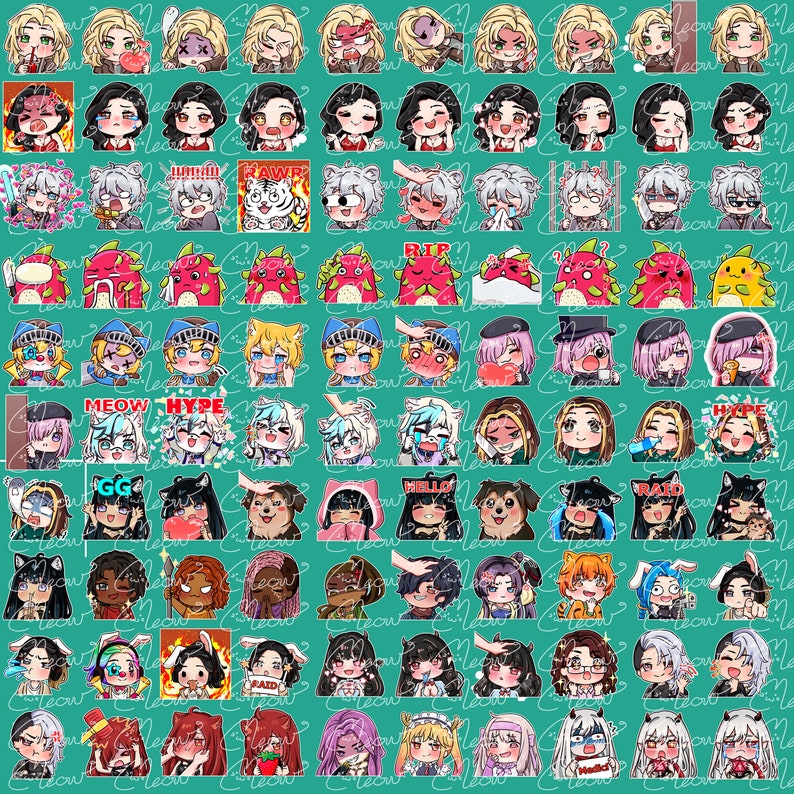 Peut inclure: Une collection de 100 autocollants num&eacute;riques color&eacute;s repr&eacute;sentant divers personnages et expressions. Les autocollants sont dispos&eacute;s en grille sur un fond turquoise. Certains autocollants incluent du texte tel que "Meow", "Hype", "GG", "Raid" et "Hello".