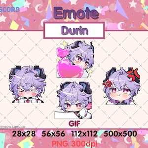 May include: A pink graphic featuring four emotes of a character with purple hair, black horns, and red eyes. The emotes display various expressions, including a heart, tears, and anger. Text includes "Emote Durin" and size specifications.