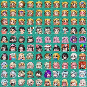Peut inclure: Une illustration num&eacute;rique de 100 visages de dessins anim&eacute;s color&eacute;s avec diff&eacute;rentes expressions et accessoires. Les visages sont dispos&eacute;s en grille sur un fond bleu sarcelle.