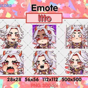Peut inclure: Six illustrations numériques différentes d'Itto du jeu vidéo Genshin Impact. Les illustrations sont dans un style cartoon et montrent Itto avec différentes expressions. Les illustrations sont dans un format de grille et sont étiquetées avec les dimensions de chaque image. Le texte "Emote Itto" est en haut de l'image.