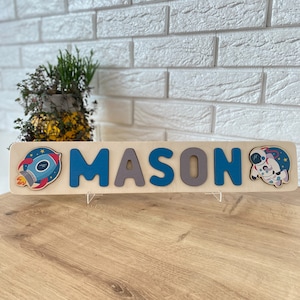 MONTESSORI PUZZLE, WOODEN Name Puzzle, Personalized Montessori Baby Toys Space Name Puzzle Space Theme Decor