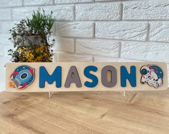 MONTESSORI PUZZLE, WOODEN Name Puzzle, Personalized Montessori Baby Toys Space Name Puzzle Space Theme Decor