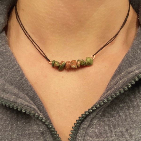 Granola girl necklace with beaded unakite charm