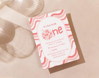 Fun to Be One Birthday Invitation, Pink Disco Theme, Template, Editable First Birthday, Girl Invite, Canva, Printable and Digital