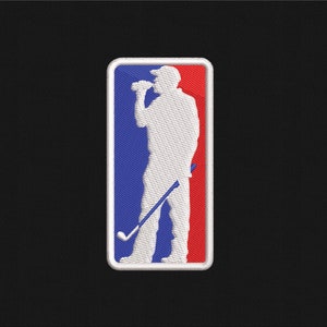 May include: A white silhouette of a golfer holding a golf club, wearing a hat, and taking a drink. The silhouette is set against a blue and red background with a white border.