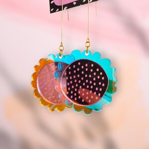 Stunning, funky and original! Iridescent and pink mirror acrylic flower statement dangle earrings on huggie hoops or elegant long gold hooks