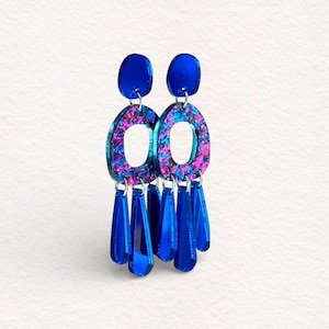 Big Blue Mirror Glitter Acrylic Laser Cut Statement Earrings – Funky Dangle Jewelry
