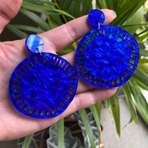 Big Bold Unique, Funky, Quirky Fun Round Electric Blue Acrylic Statement Earrings | Retro Earrings | Festival Earrings