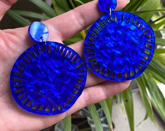 Big Bold Unique, Funky, Quirky Fun Round Electric Blue Acrylic Statement Earrings | Retro Earrings | Festival Earrings