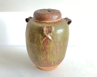 Mid Century Danish Stoneware Urn – Green Brown Glaze, Flower Deco on Lid