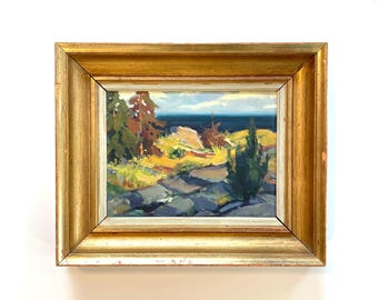 Vintage mid 20th century original Danish modern vintage oil painting by Aage Backhausen of stone path in a landscape setting with ocean view