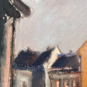 May include: A painting of a street scene with buildings in the background. The buildings are painted in shades of gray, white, and brown. The sky is a light blue color.
