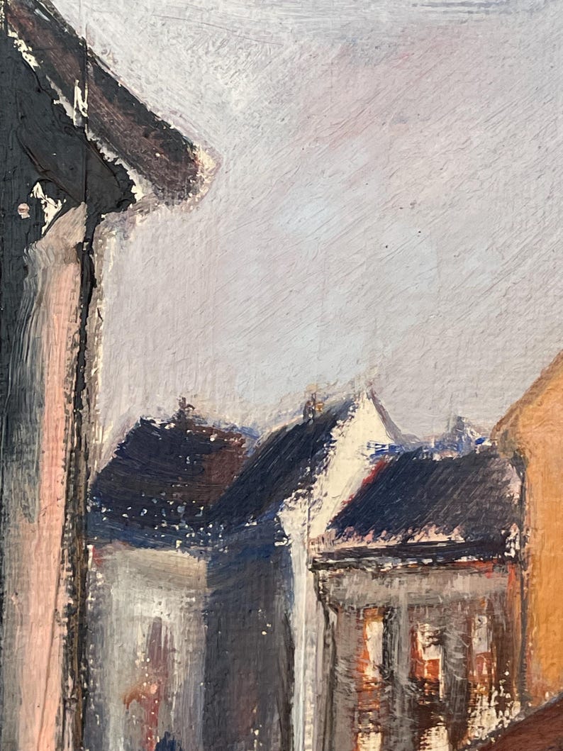 May include: A painting of a street scene with buildings in the background. The buildings are painted in shades of gray, white, and brown. The sky is a light blue color.