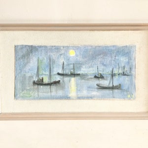 May include: A framed painting depicting a seascape with a pale blue sky and a yellow sun.  Four small boats are silhouetted against the water.  The painting is signed "K.H."