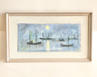 May include: A framed painting depicting a seascape with a pale blue sky and a yellow sun.  Four small boats are silhouetted against the water.  The painting is signed "K.H."