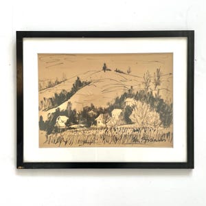 Disegno originale vintage di metà secolo 1960 in bianco e nero su carta di Mustafa Brdavic con motivo di un villaggio rurale
