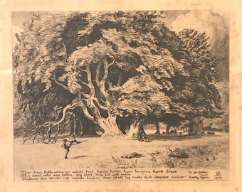 Antique Danish etching from 1899 by Niels Skovgaard with forest motive from the saga of “Dalby Bjørn”